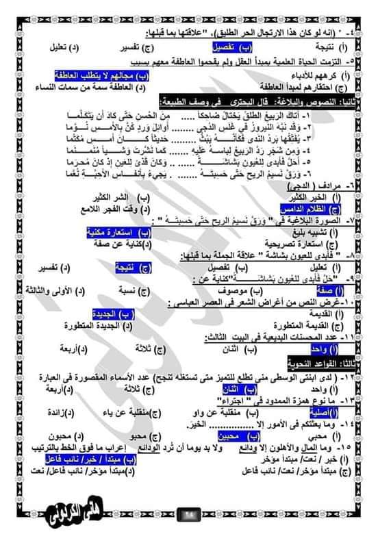 نماذج امتحانات لغة عربية للصف الأول الثانوي لاختبار شهر أبريل 2021