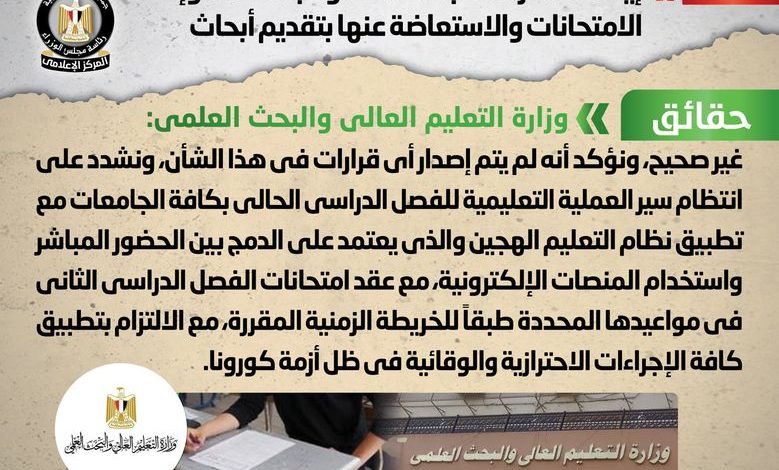 حقيقة توقف الدراسة بالمعاهد والجامعات وإلغاء الامتحانات